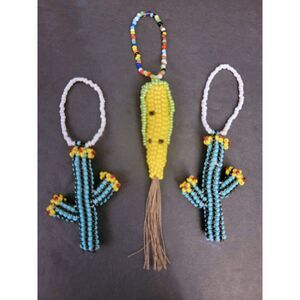 3 Handbeaded Glass Ornaments Southwestern Theme Cactus & Corn 4-6" in Length